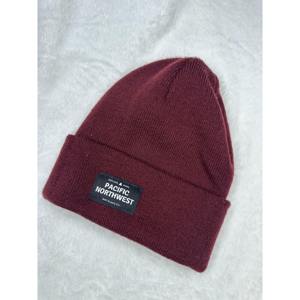 Yupoong Hat Beanie Mens One Size Red Knit Cuffed Pacific Northwest Patch Winter